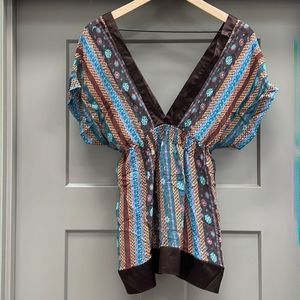 Sheer Blouse with Deep Front/back V-neck, brown multi, sz M